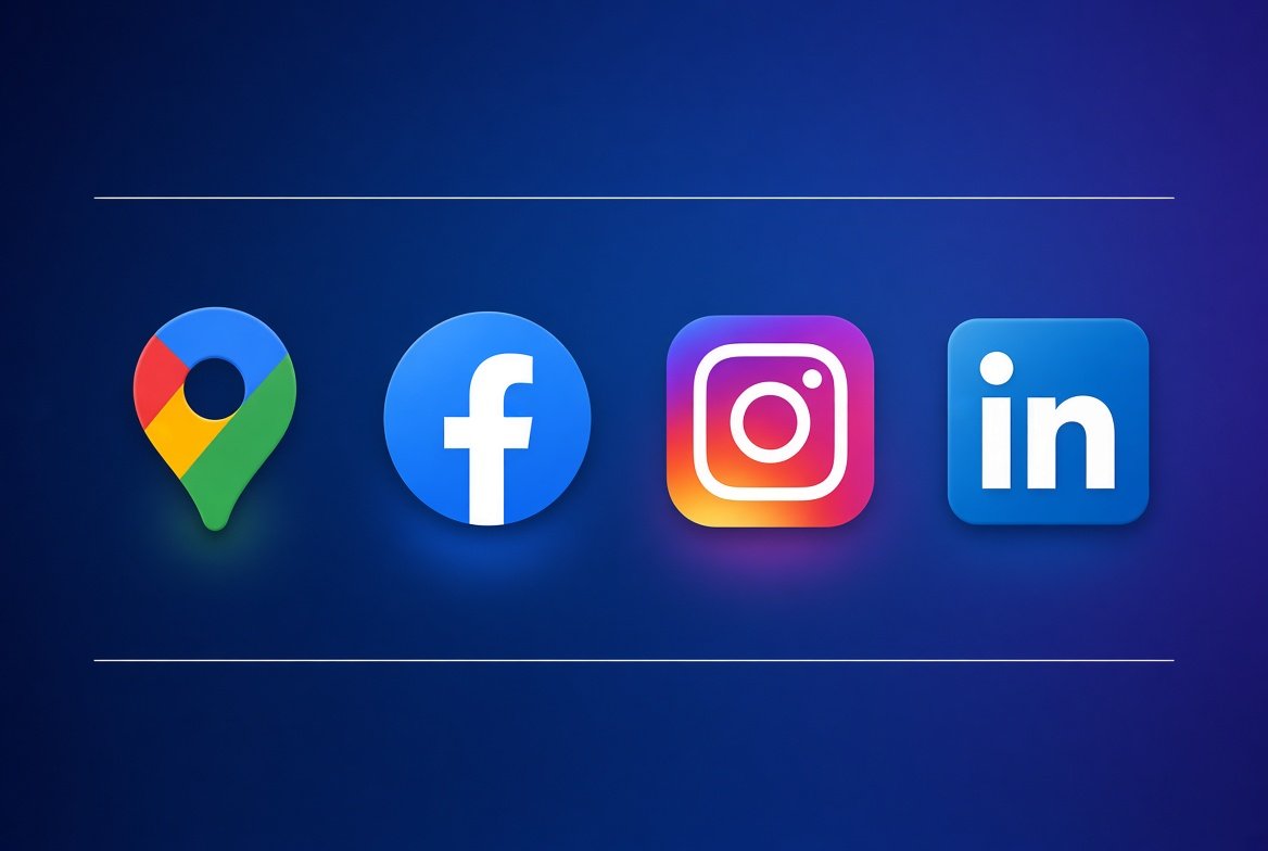 The Google Maps, Facebook, Instagram, and LinkedIn logos side by side on a dark blue background