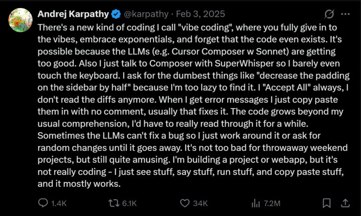 Andrej Karpathy's February 2025 tweet coining the term "vibe coding"