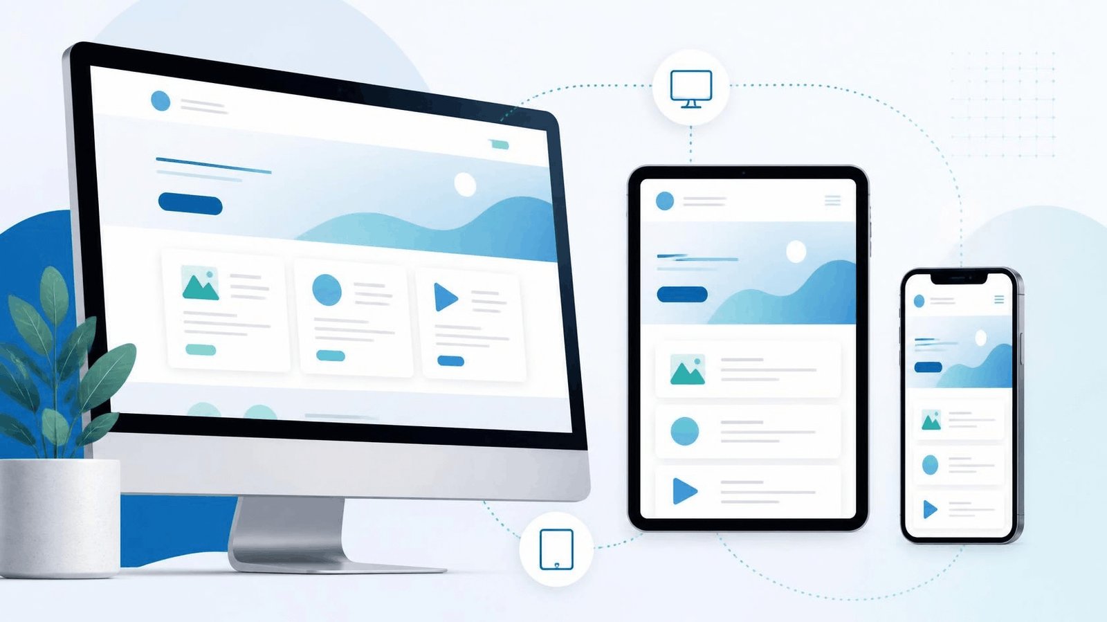The same responsive website shown on a desktop monitor, a tablet, and a phone