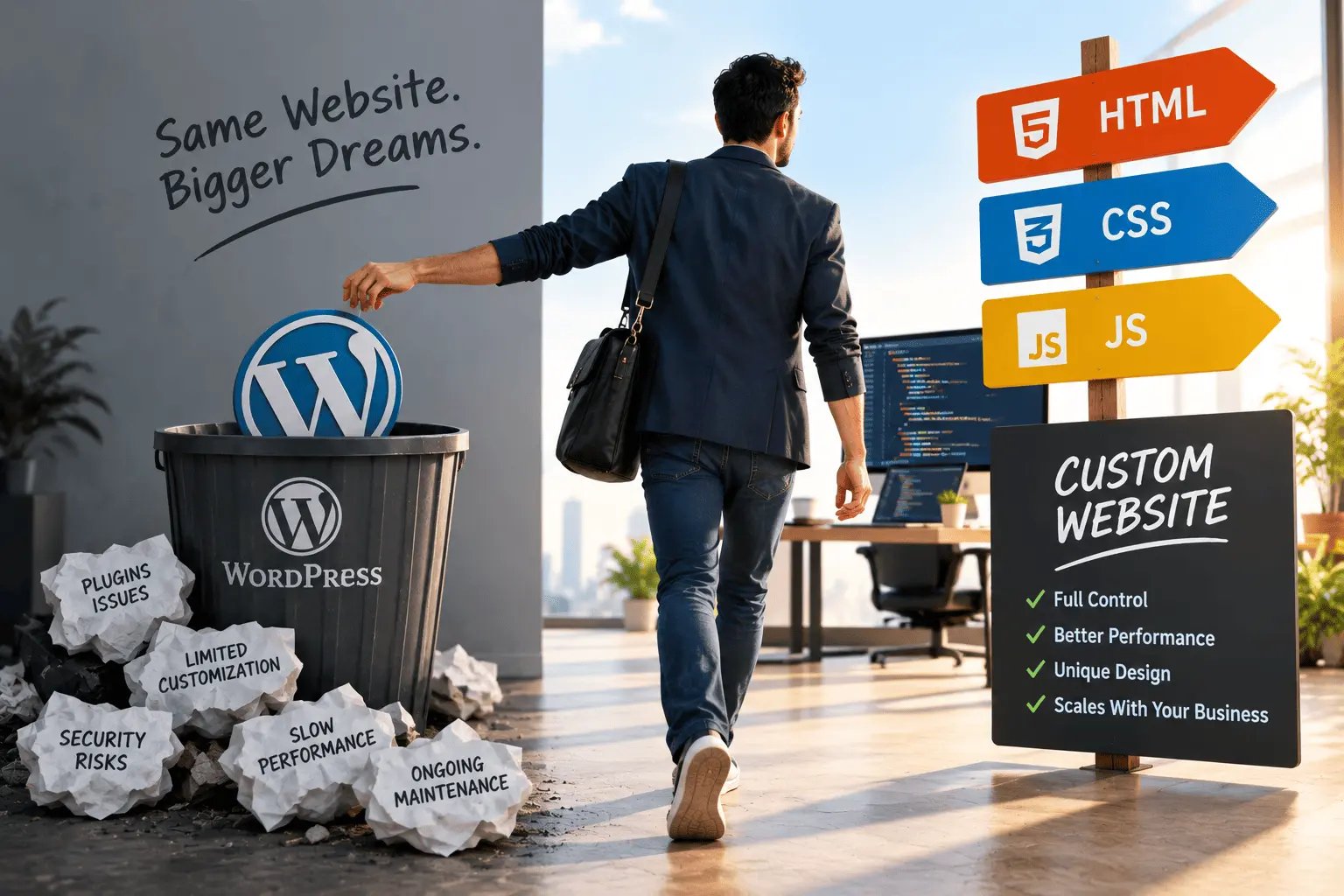 A man dropping a WordPress logo into a trash can surrounded by notes reading security risks, plugin issues, and slow performance, while walking toward HTML, CSS, and JS signposts and a custom website sign